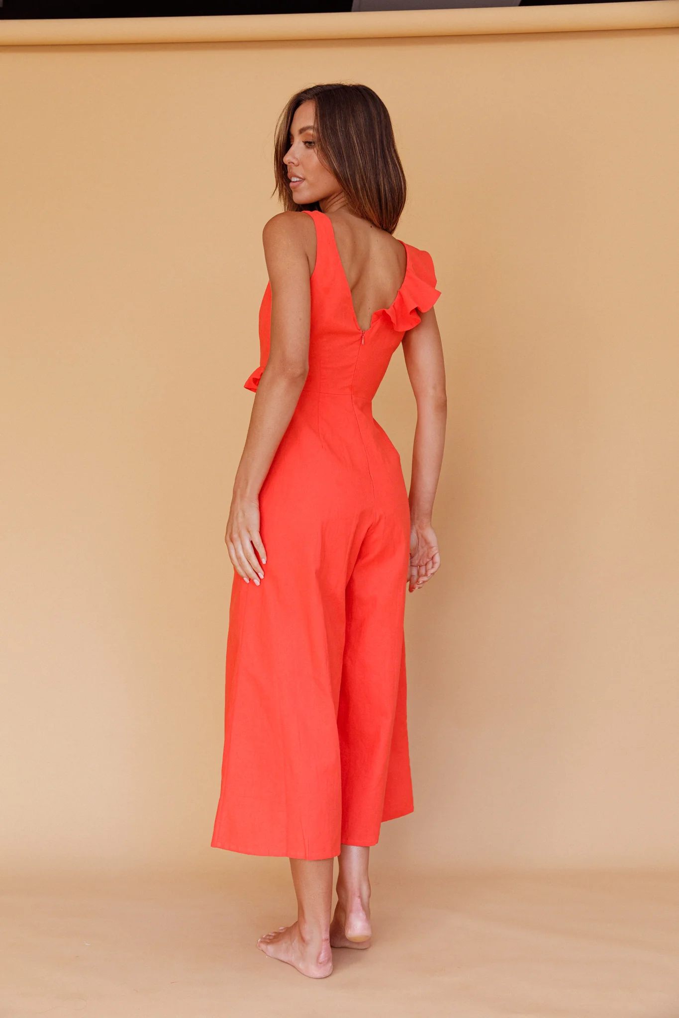 Cheryl Ruffle Strap Wide Leg Jumpsuit Tangerine - Sonourner
