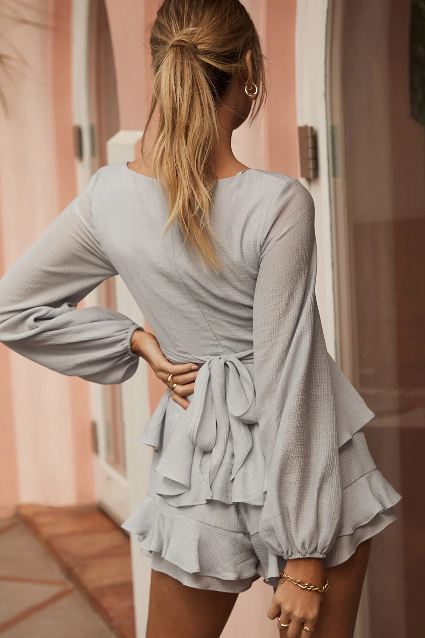 Wendy Ruched Bust Long Sleeve Ruffle Romper Grey - Sonourner