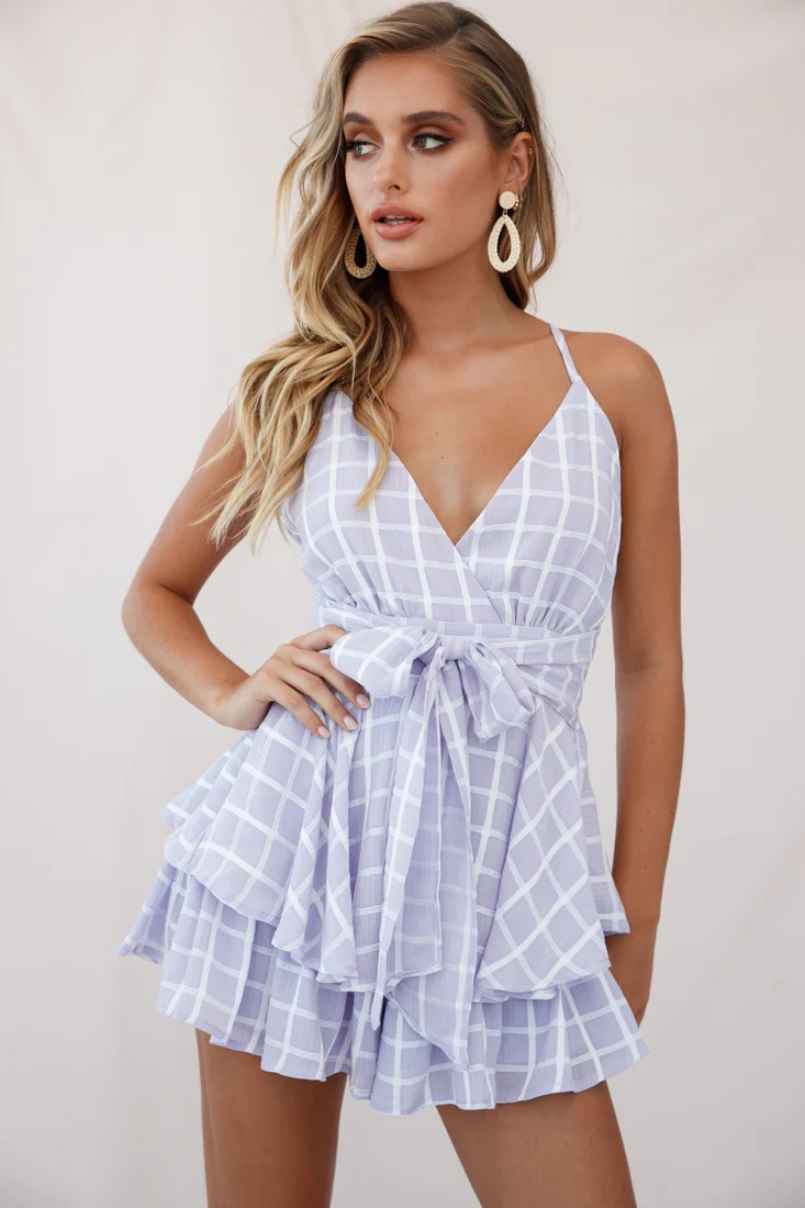 Maddox Fit & Flare Cami Strap Romper Lavender Checker Print - Sonourner