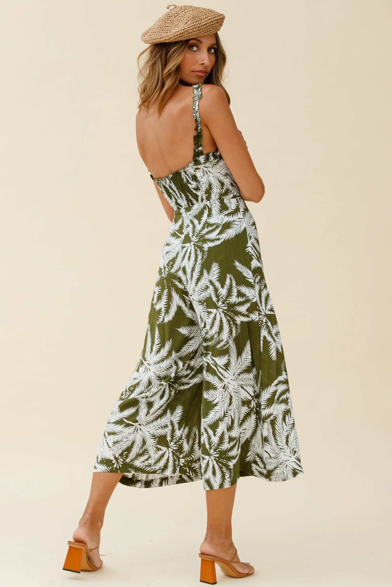 Magdalene Frill Strap Midi Jumpsuit Palm Print Olive - Sonourner