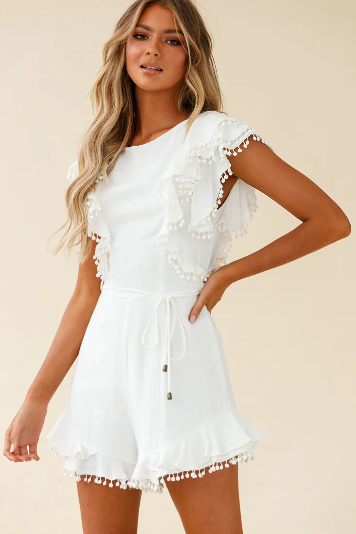 Must Be Nice Frill Shoulder Circle Trim Romper White - Sonourner