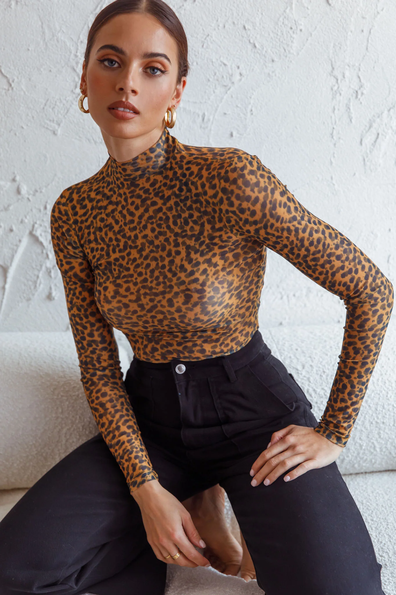 Feelin' It Long Sleeve Turtleneck Sheer Bodysuit Orange Leopard Print - Sonourner
