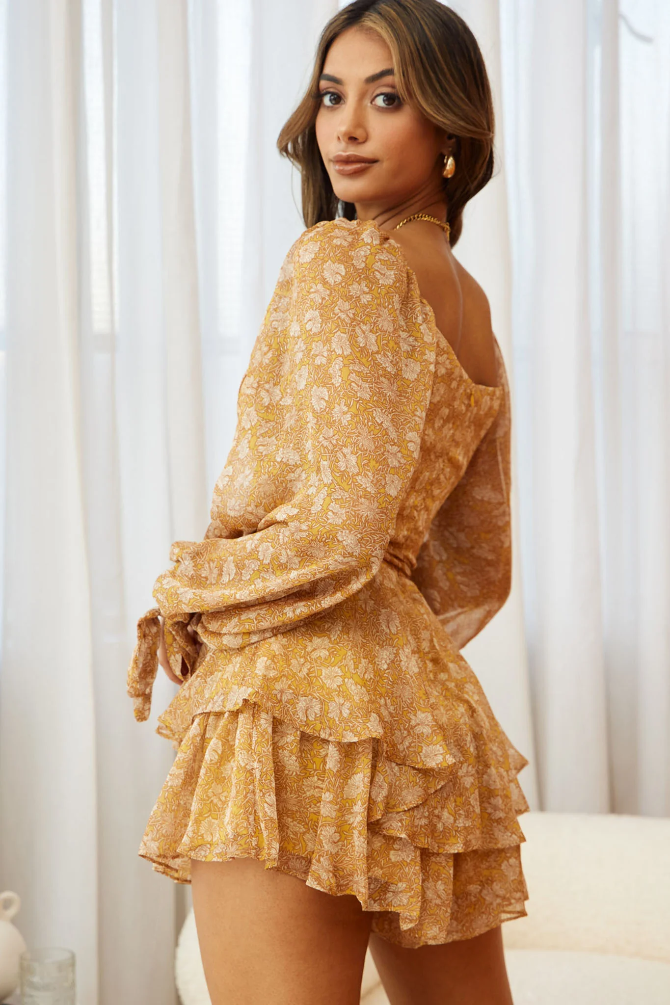 True Love Long Balloon Sleeve Layered Flounce Romper Floral Print Mustard - Sonourner