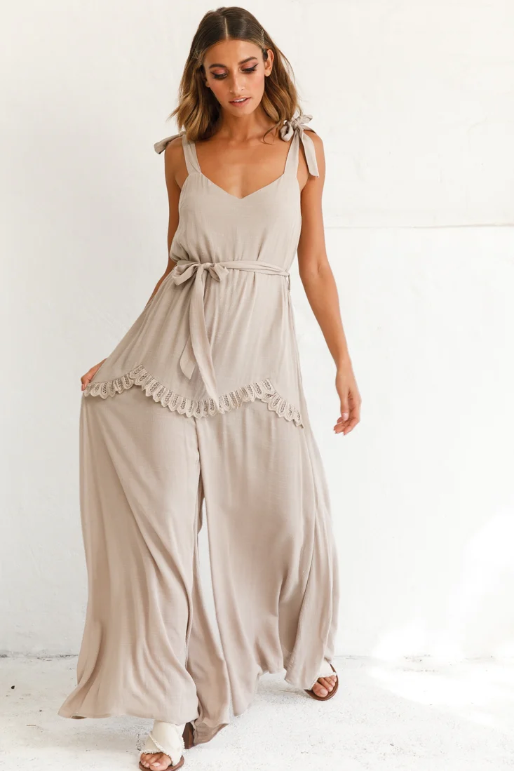 Talitha Tie Strap Wide Leg Jumpsuit Stone - Sonourner
