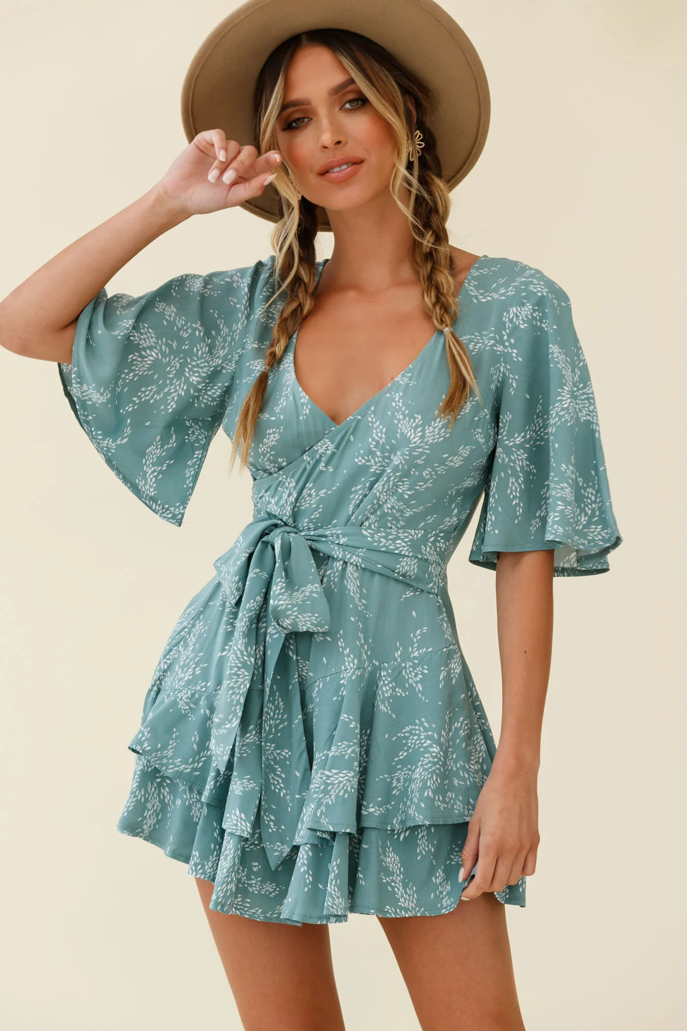 Davina Angel Sleeve Cut-Out Back Romper Leaf Print Sage - Sonourner