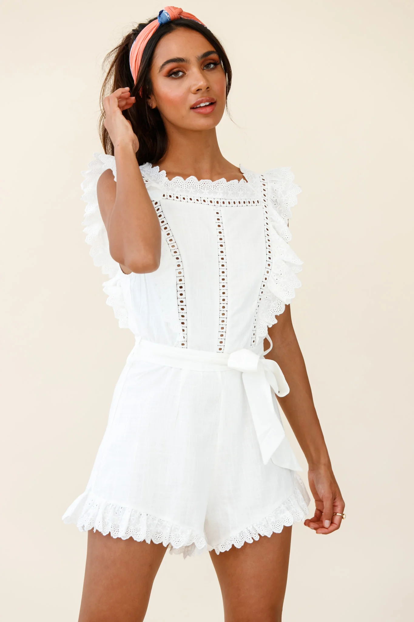 Meadow Ruffle Trim Waist Tie Romper White - Sonourner