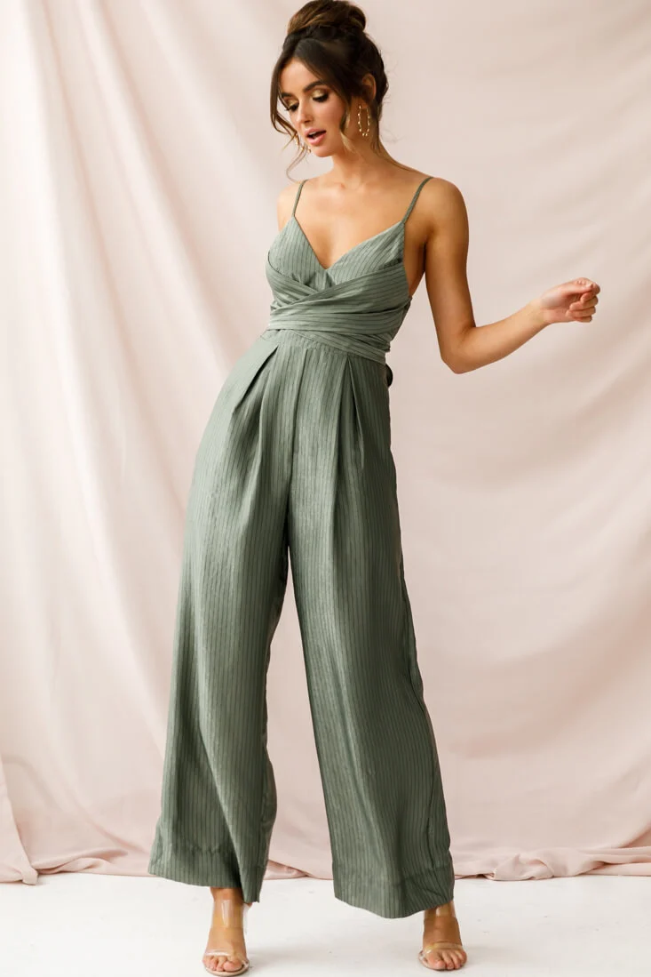 Nancy Wide Leg Pinstripe Jumpsuit Olive - Sonourner