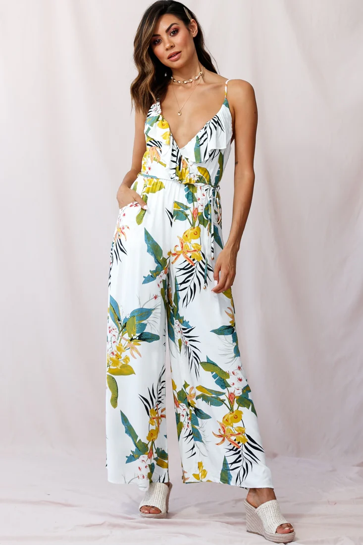 Melita Ruffle V-Neckline Jumpsuit Tropical Print White - Sonourner
