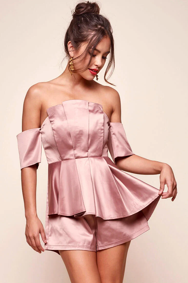 Aly Off the Shoulder Satin Romper Mocha - Sonourner