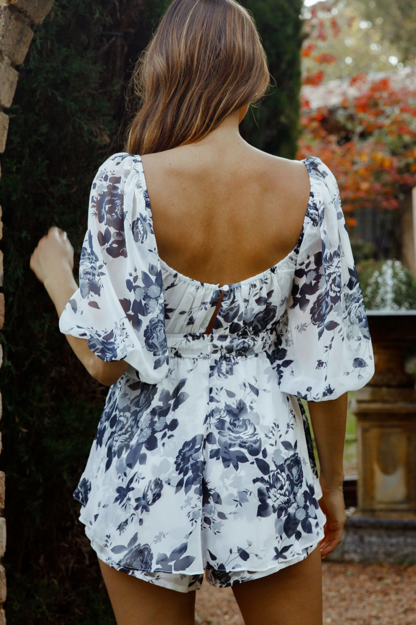 First Light Puff Sleeve Elasticated Waist Romper Floral Print Ink - Sonourner