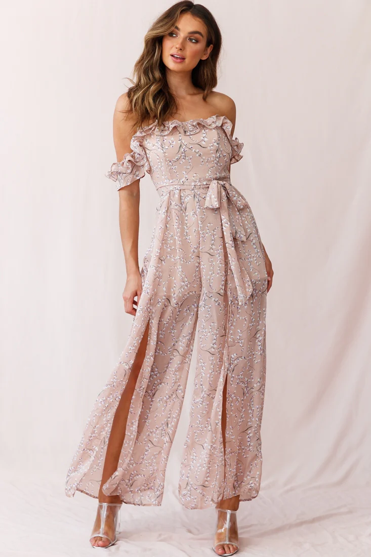 Jazz Bardot Neckline Wide Leg Split Jumpsuit Floral Print Blush - Sonourner