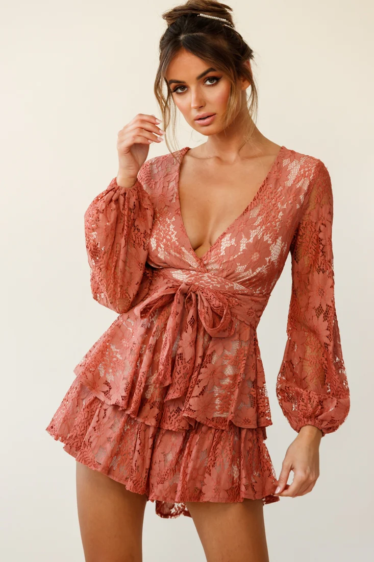 Maddox Fit & Flare Long Sleeve Romper Floral Lace Rose - Sonourner