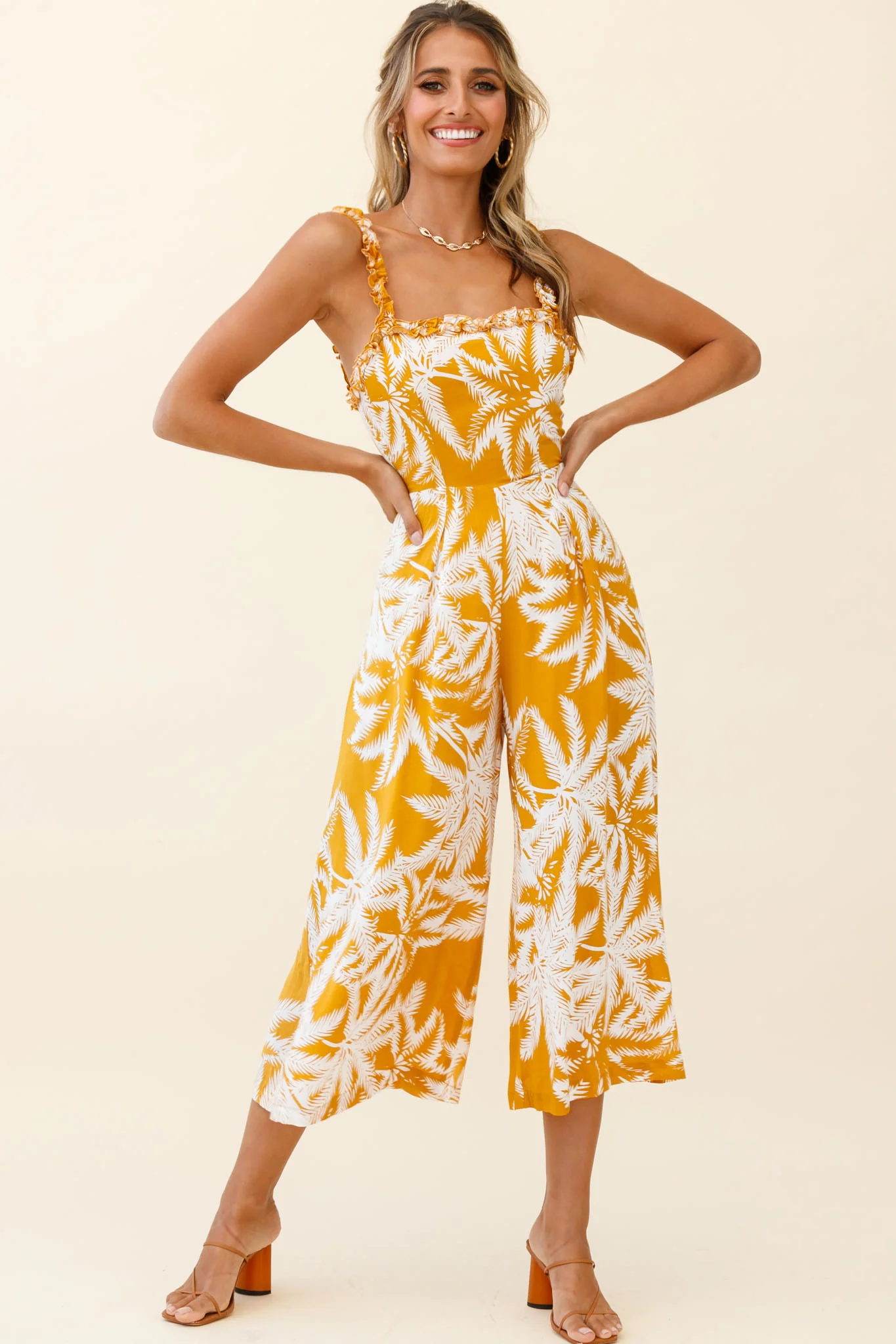 Magdalene Frill Strap Midi Jumpsuit Palm Print Yellow - Sonourner