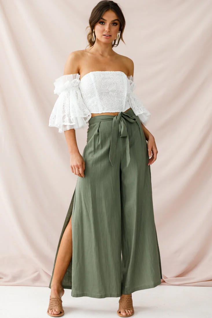 Aruba Wide Leg Side Split Pants Khaki - Sonourner