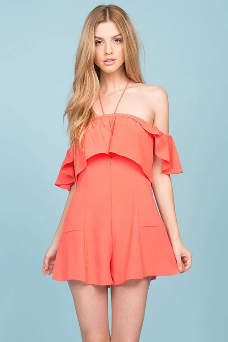 Aliyah Off The Shoulder Ruffle Overlay Romper Coral - Sonourner