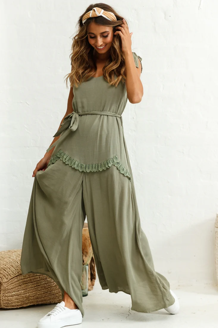 Talitha Tie Strap Wide Leg Jumpsuit Khaki - Sonourner