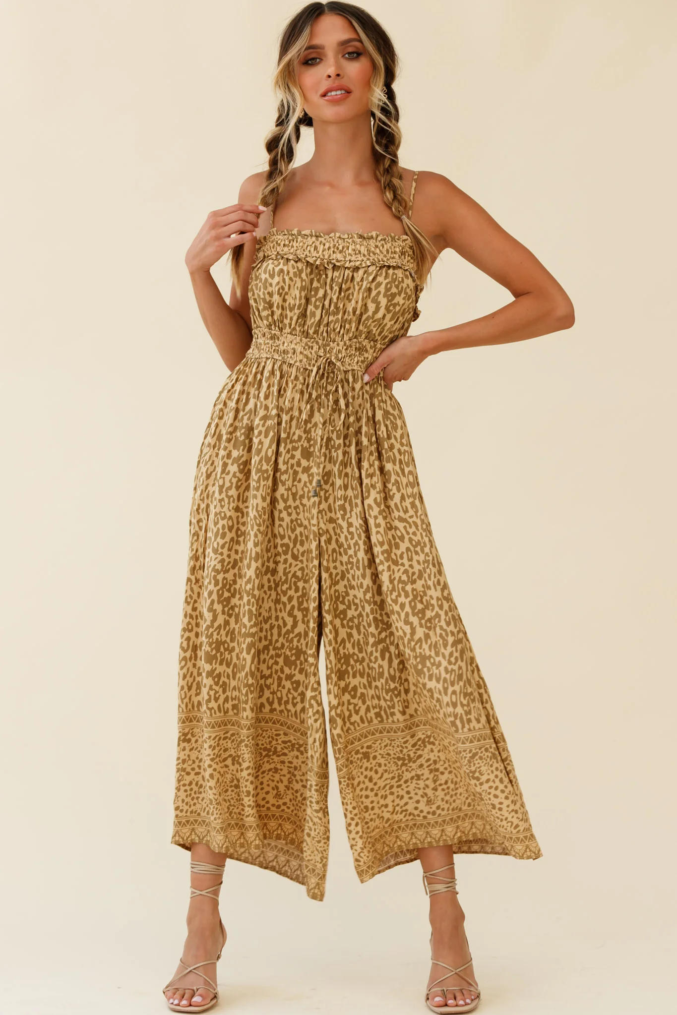 Weekend Escape Cami Strap Drawstring Jumpsuit Animal Print Khaki - Sonourner
