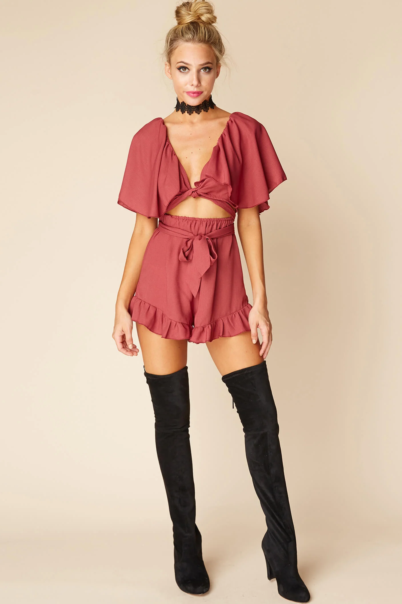 Shelly Ruffled cutout Romper Rose - Sonourner