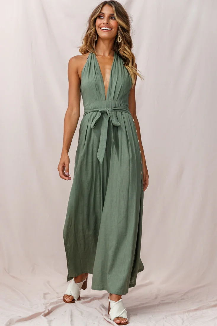 Aruba Wide Leg Halterneck Jumpsuit Khaki - Sonourner