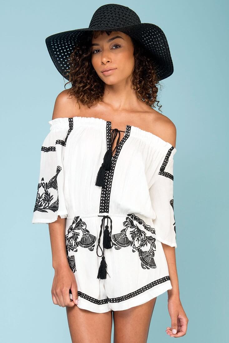 Gabriella Embroidered Tassel Romper White - Sonourner