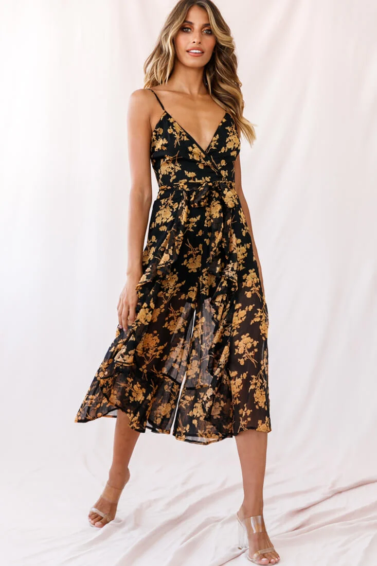 Constance Thin Strap Midi Jumpsuit Black/Orange Flower - Sonourner