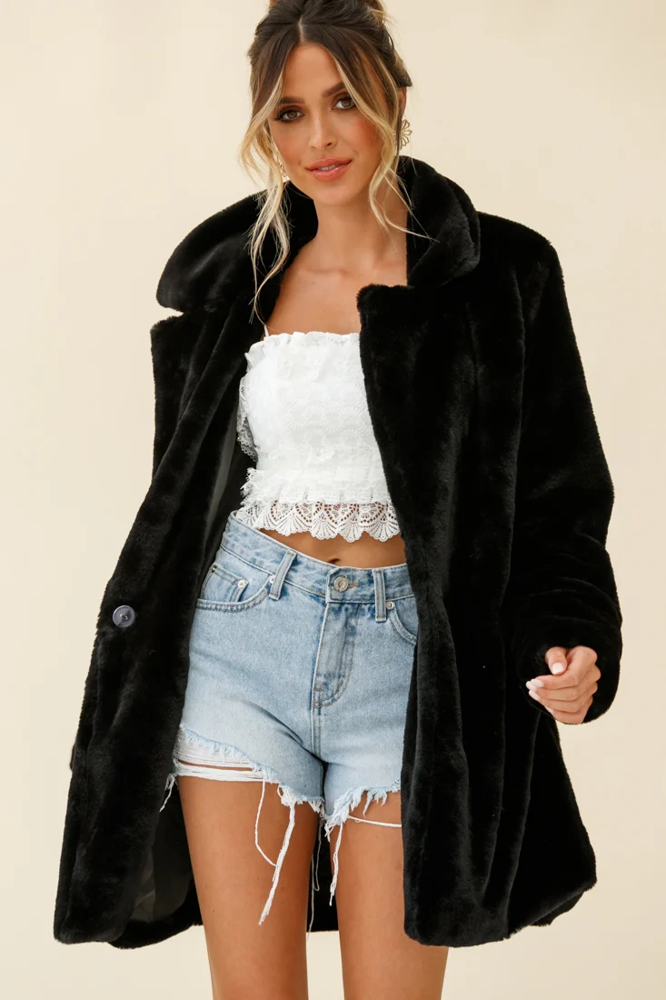 Tahoe Faux Fur Notch Lapel Coat Black - Sonourner
