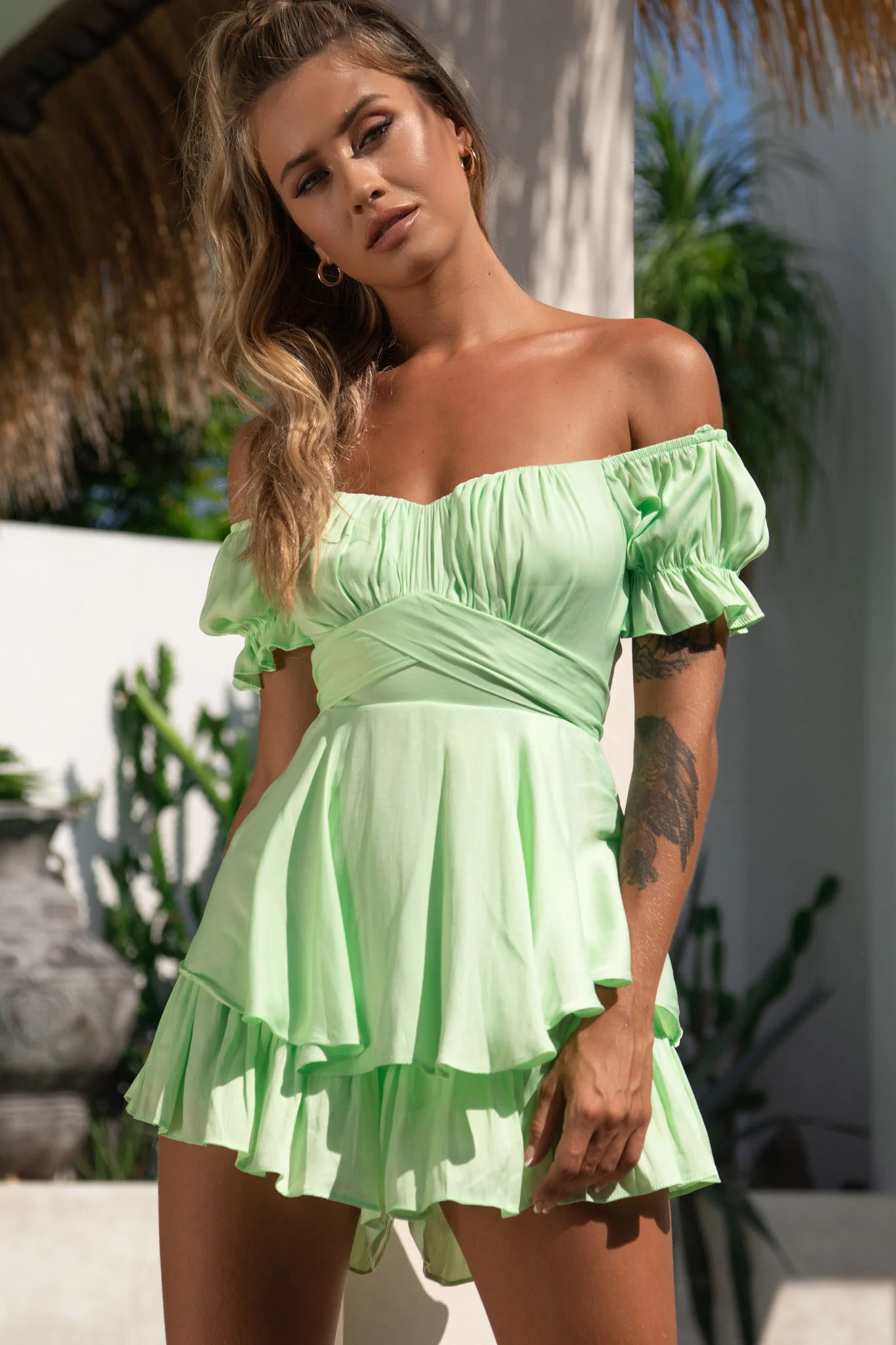 Linka Off-Shoulder Tie Back Romper Apple - Sonourner