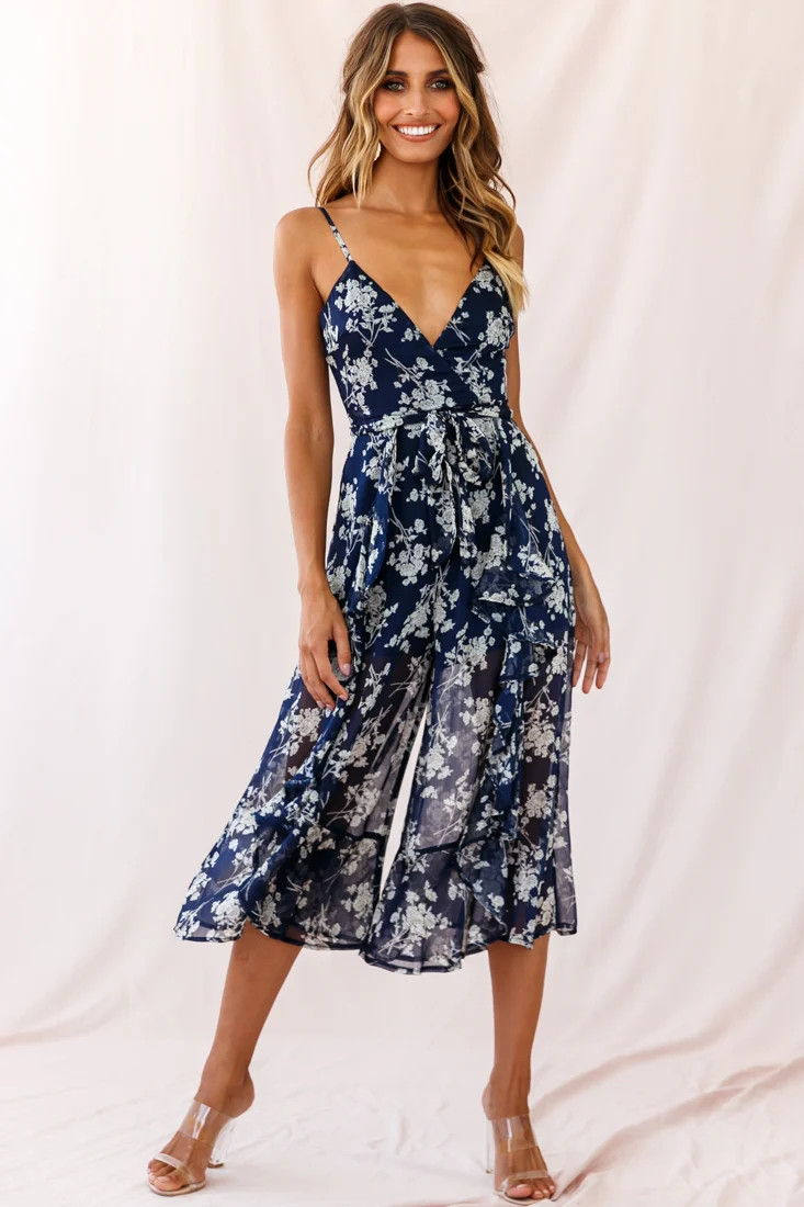 Constance Thin Strap Midi Jumpsuit Navy/White Flower - Sonourner