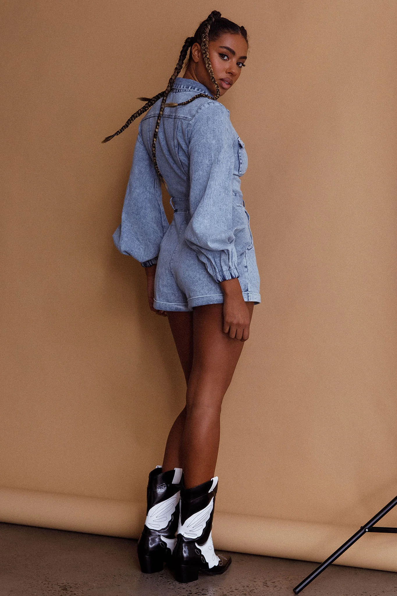 California Girl Lantern Sleeve Waist Tie Romper Blue - Sonourner