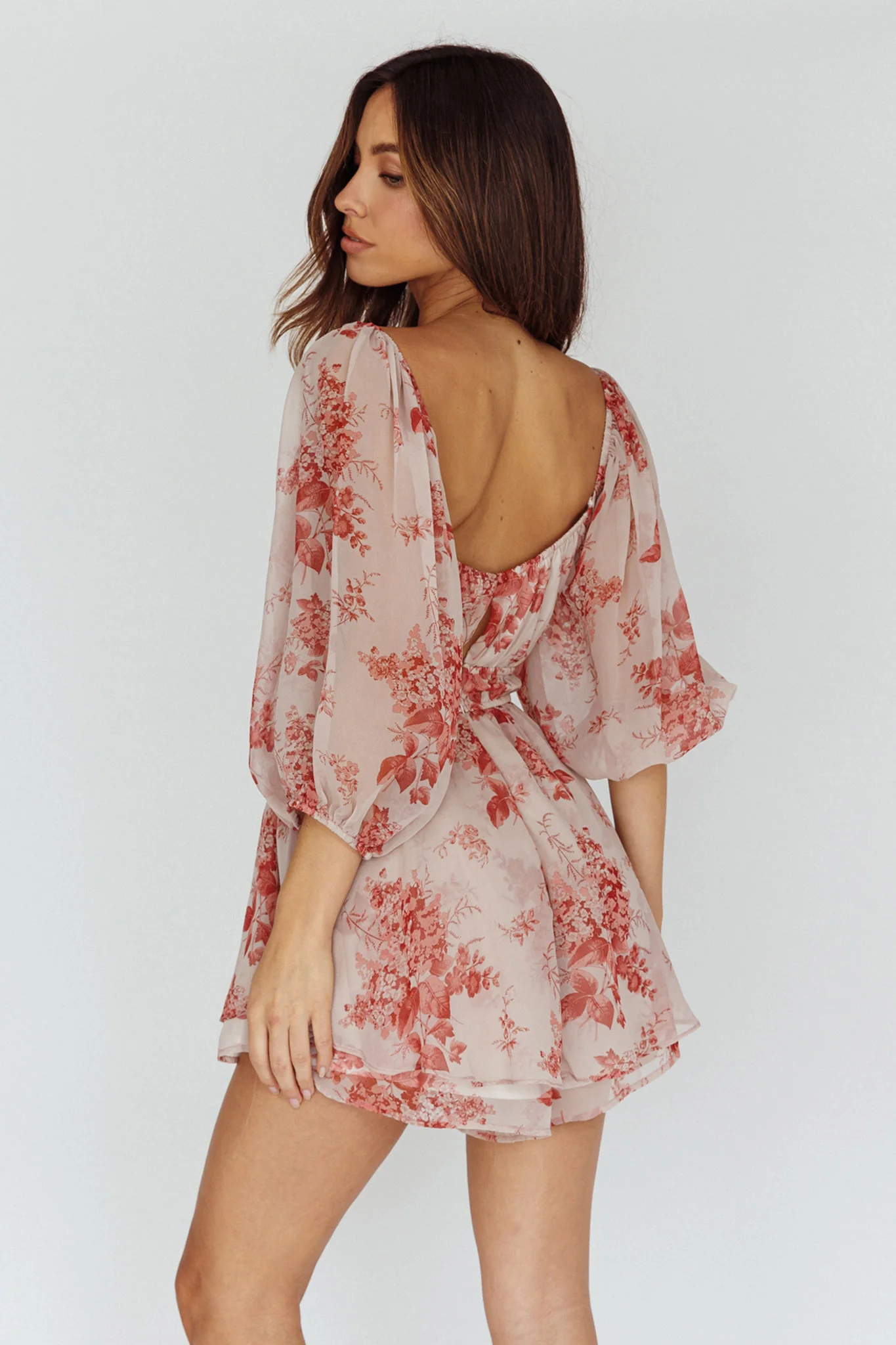 First Light Puff Sleeve Elasticated Waist Romper Floral Print Rose - Sonourner