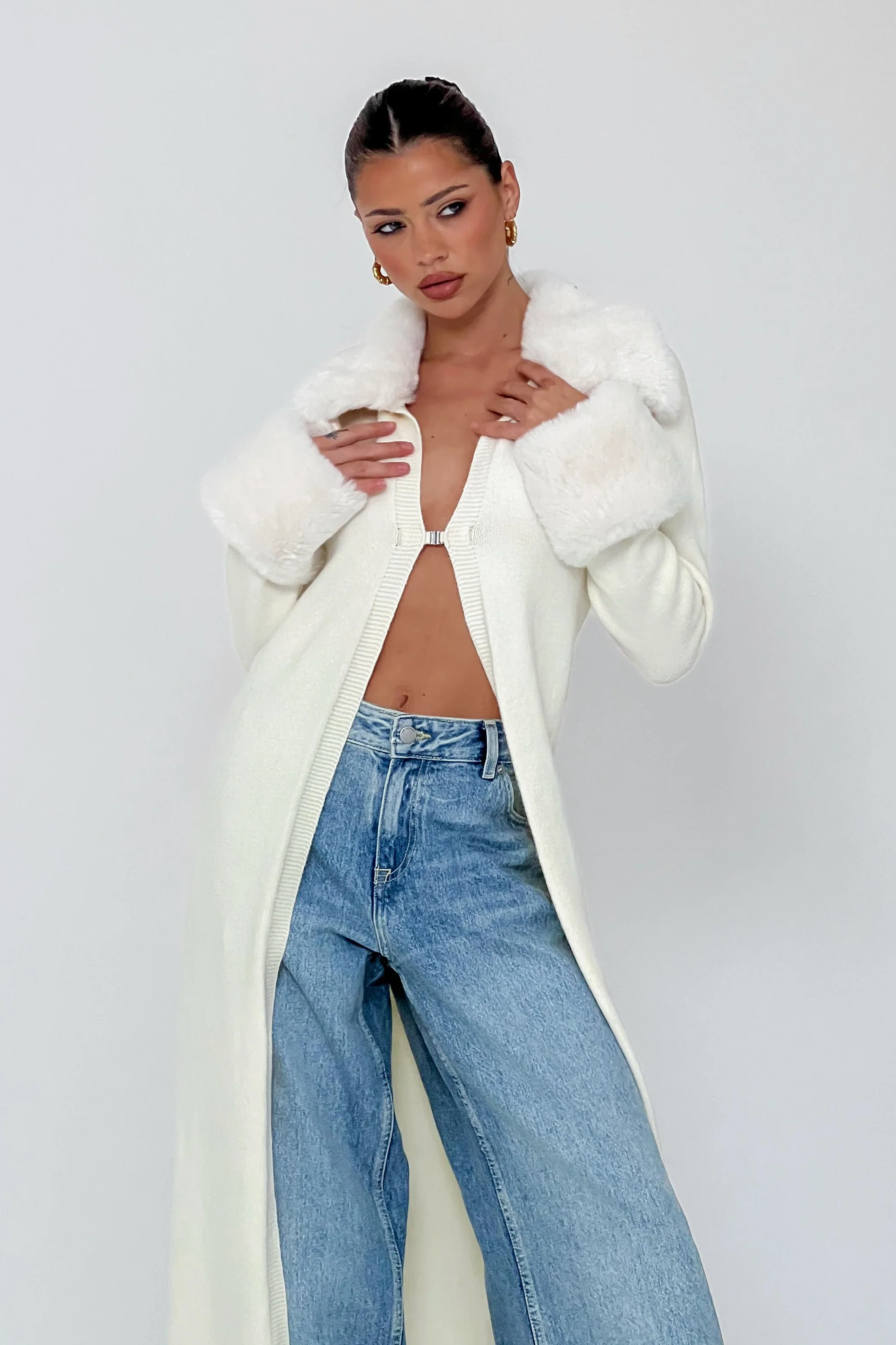Snowflakes Fur Trim Longline Cardigan Coat Ivory - Sonourner