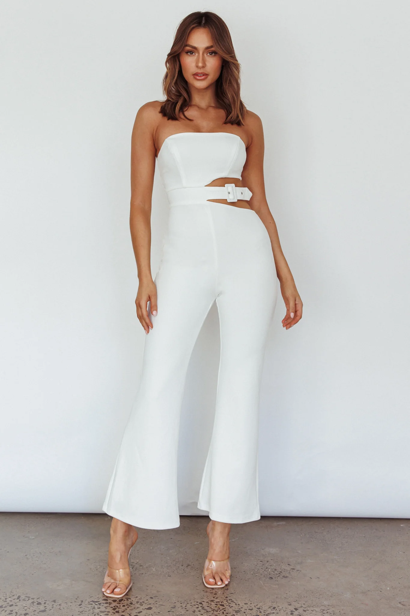 Glisten Cut-Out Buckle Waist Jumpsuit White - Sonourner
