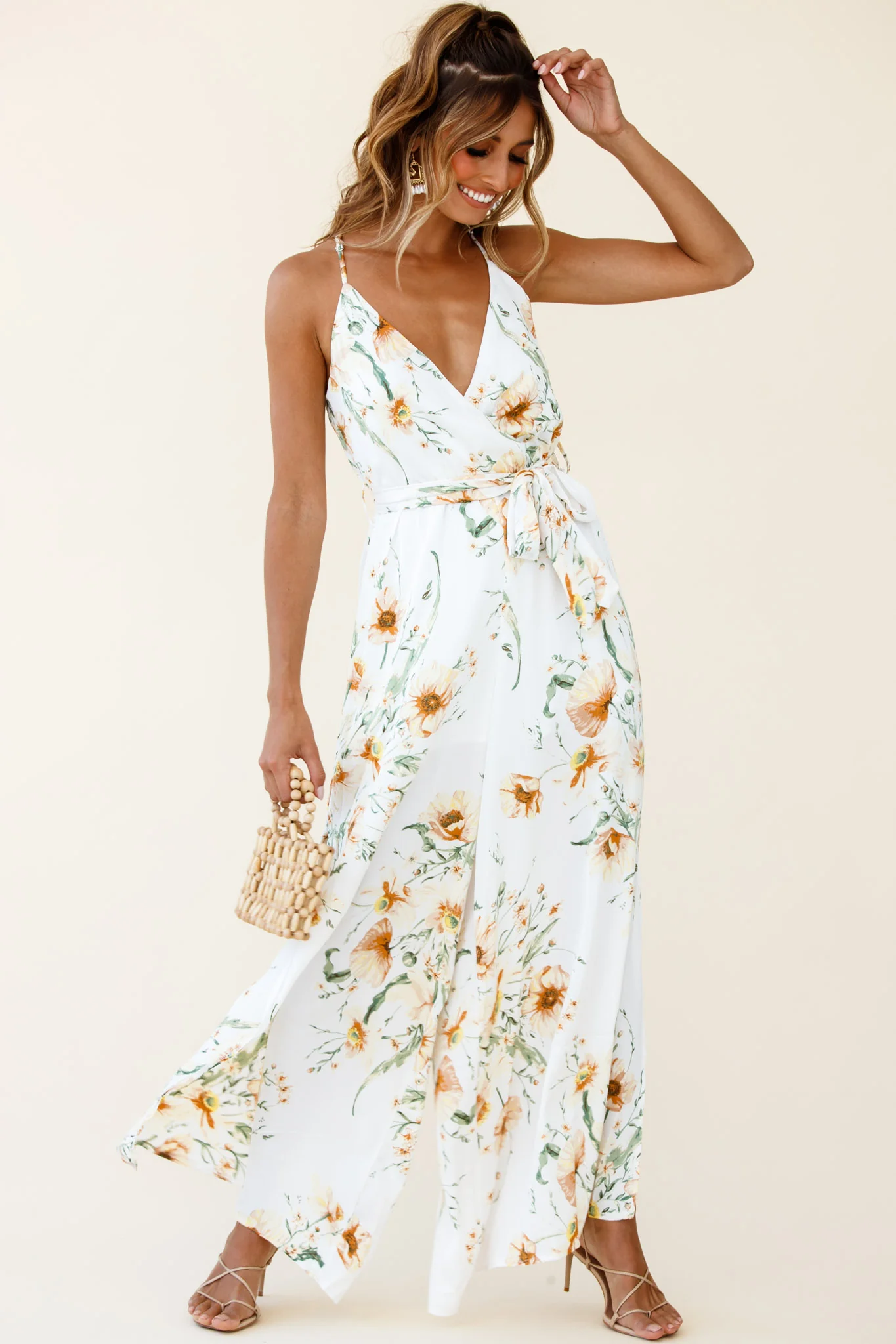 Miso Wide-Leg Cami Jumpsuit Floral Print White - Sonourner