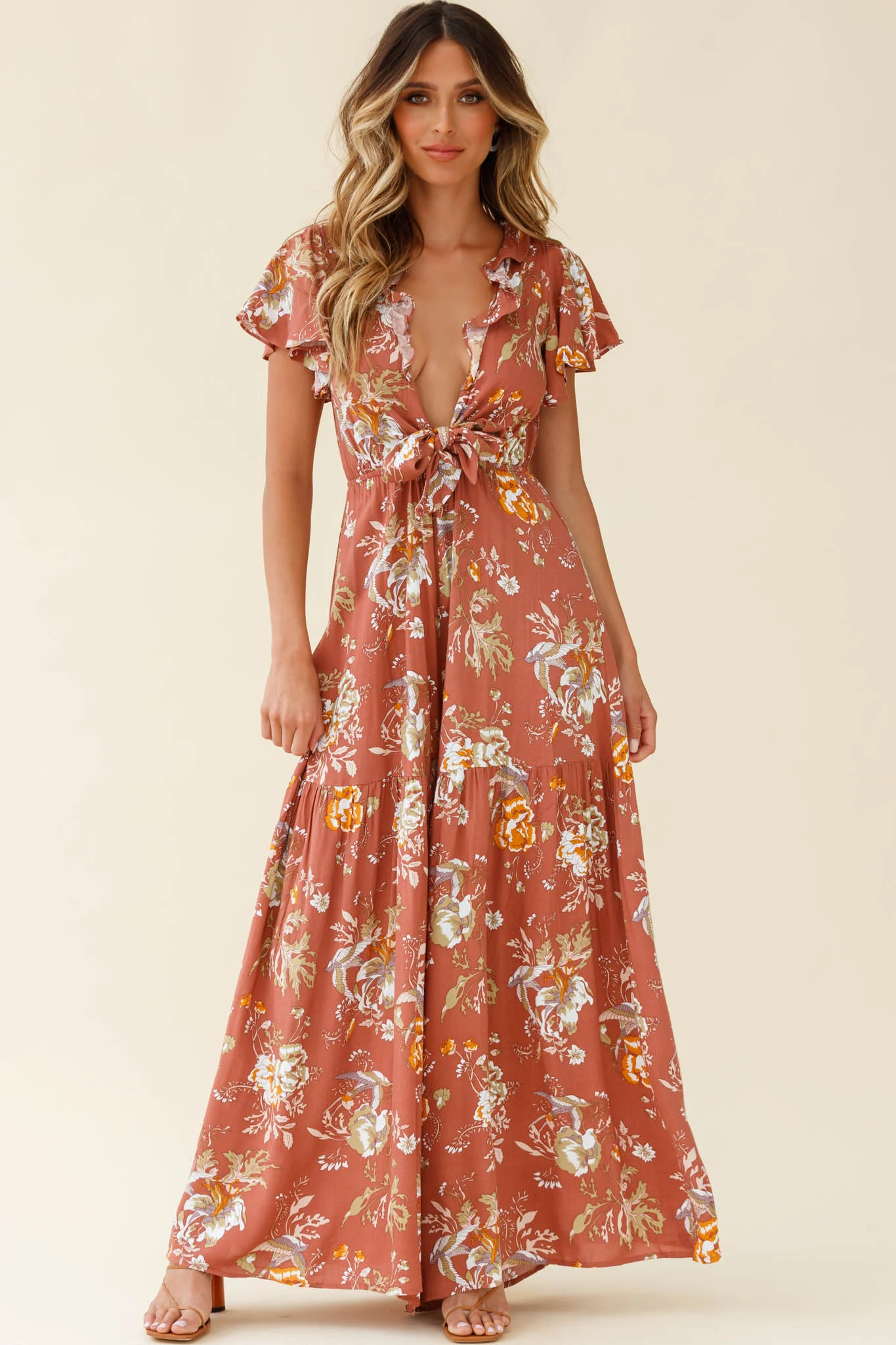 Kasey Tied Bust Wide Leg Floral Print Jumpsuit Rose - Sonourner