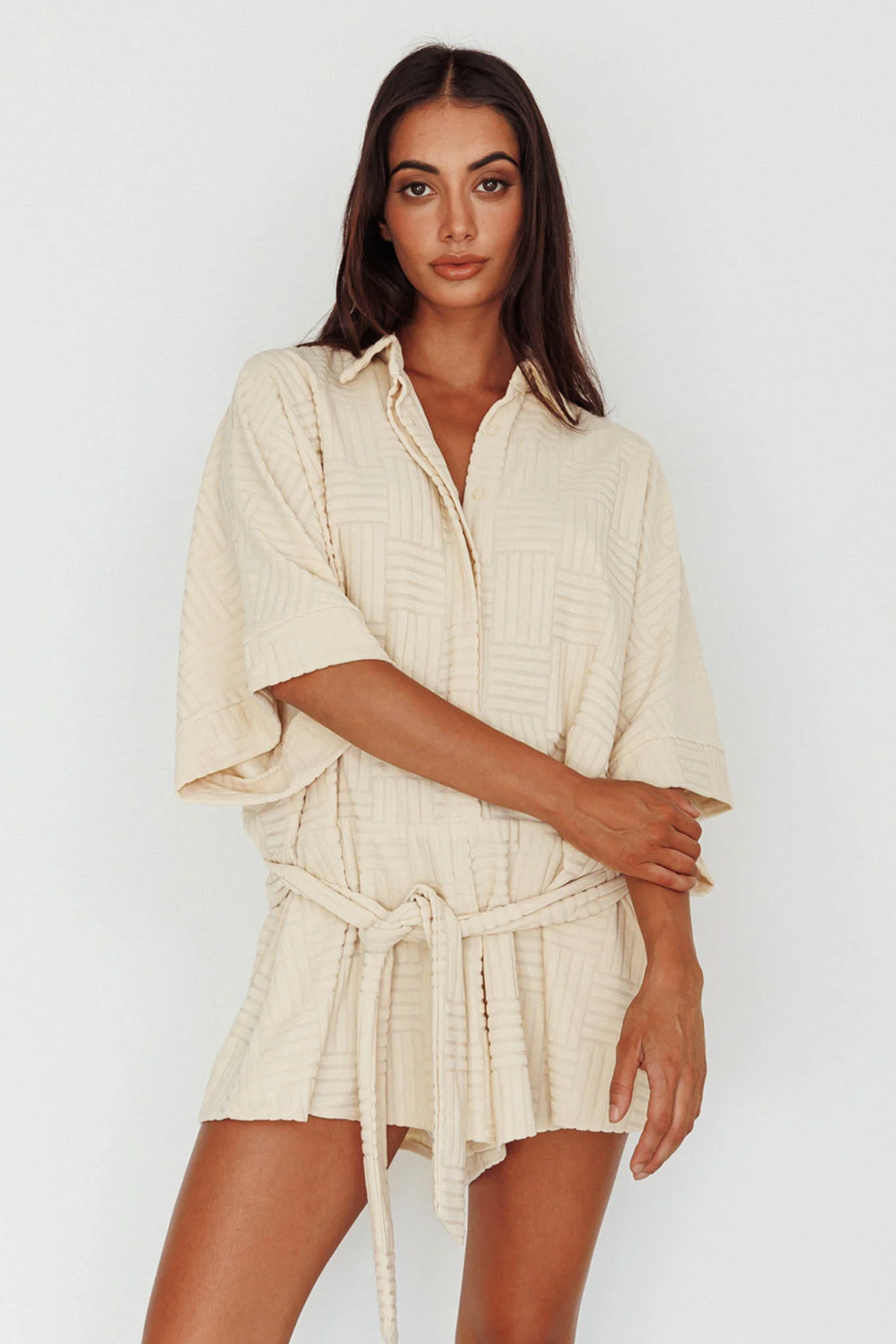 Daytona Beach Button-Up Romper Textured Beige - Sonourner