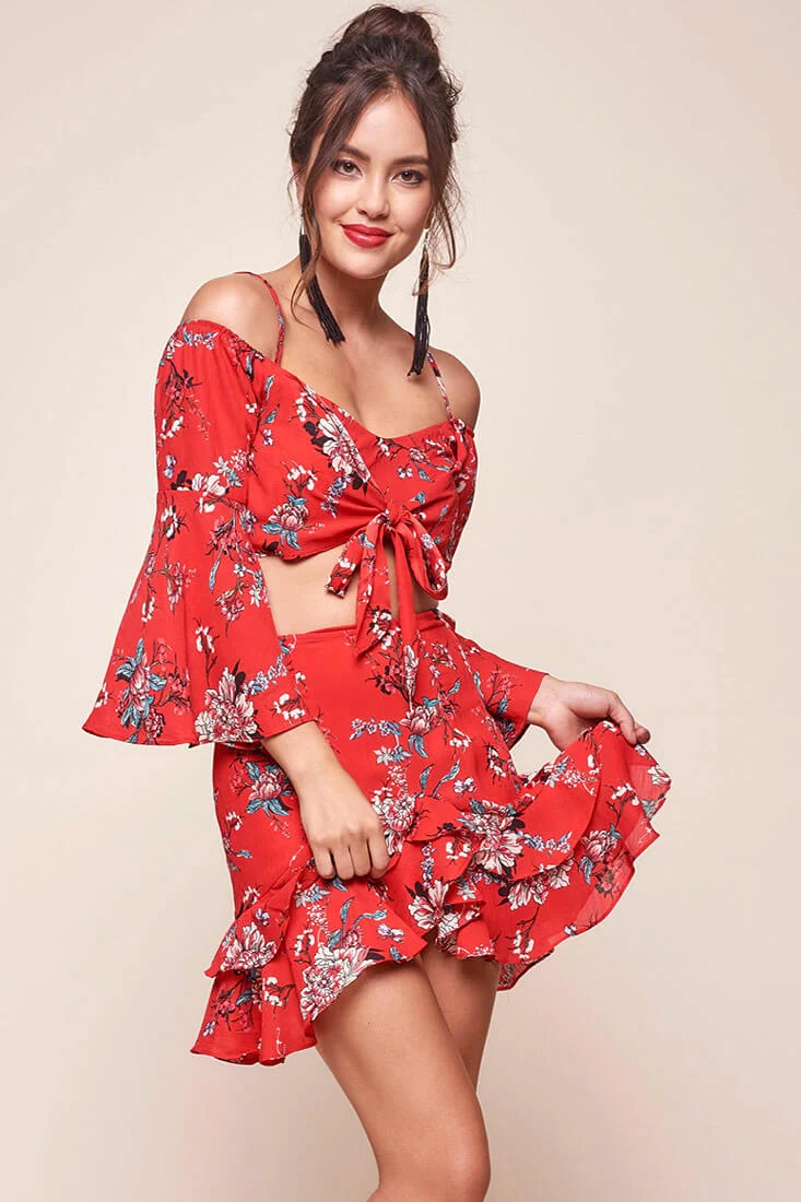 Bellisario Floral Ruffle Caribbean Skirt Red - Sonourner