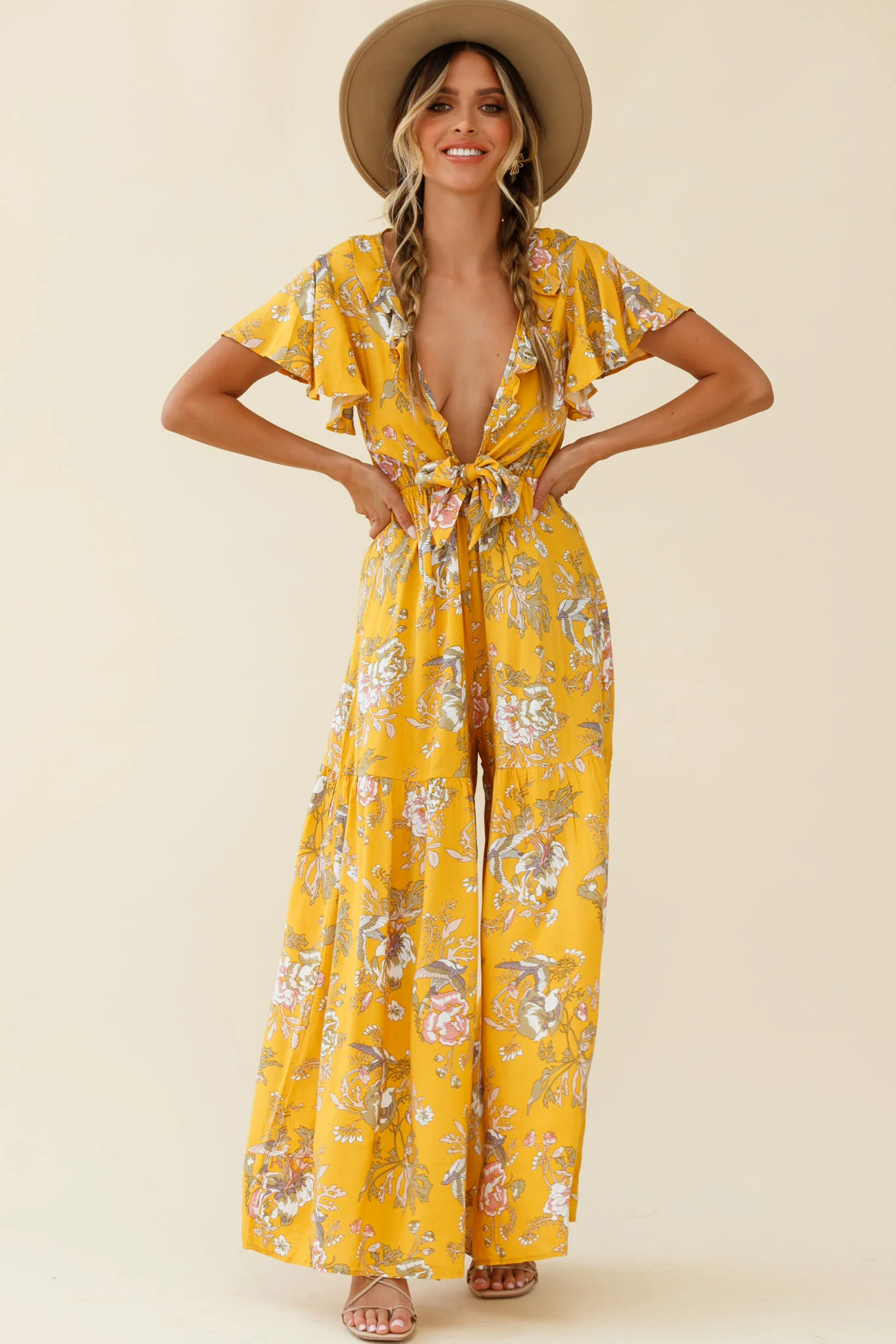 Kasey Tied Bust Wide Leg Floral Print Jumpsuit Mustard - Sonourner