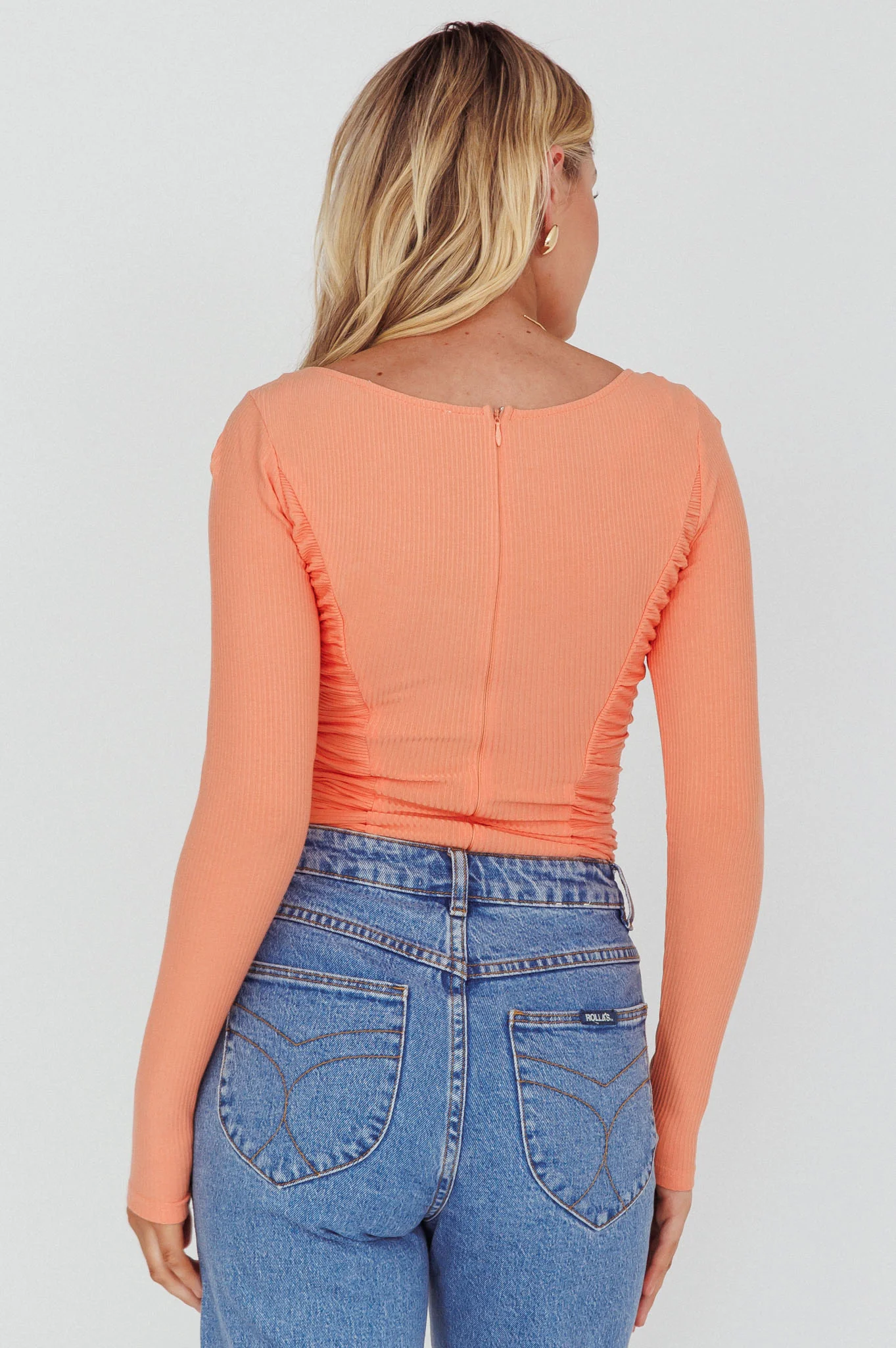 Bobbi Long Sleeve Ruched Side Ribbed Bodysuit Orange - Sonourner