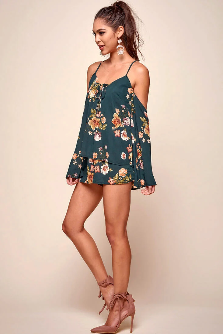 Ashanti Off the Shoulder Layered Floral Romper Khaki - Sonourner