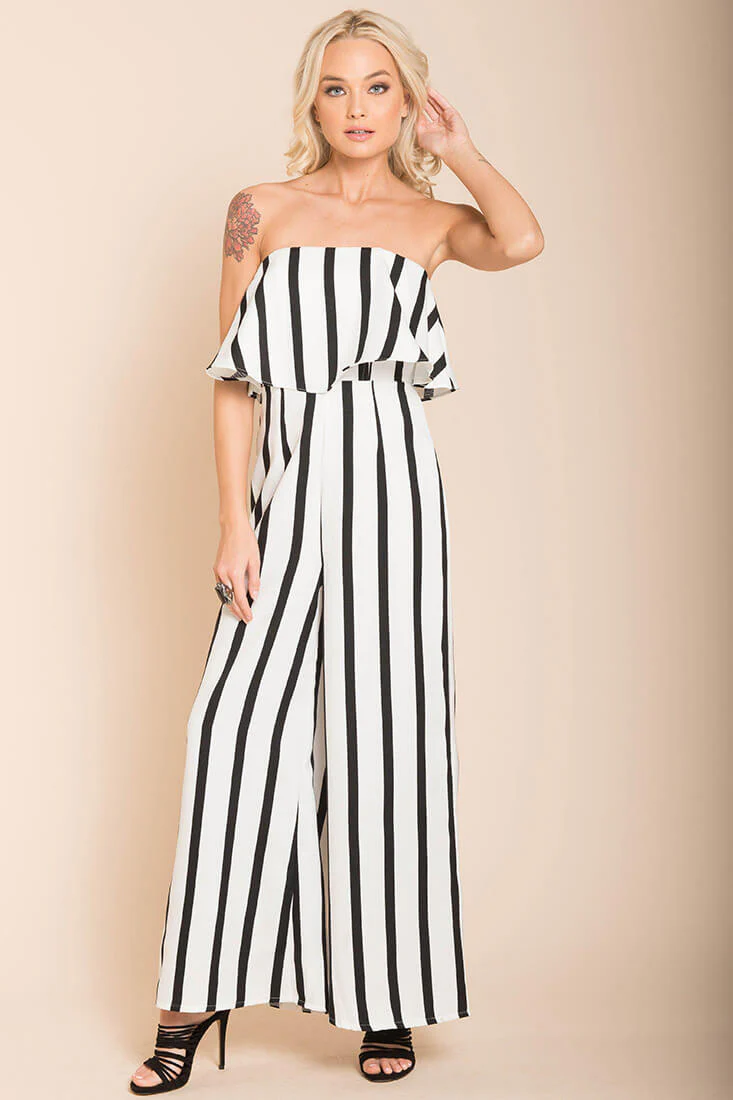 Posh Pin Stripe Ruffle Jumpsuit White - Sonourner