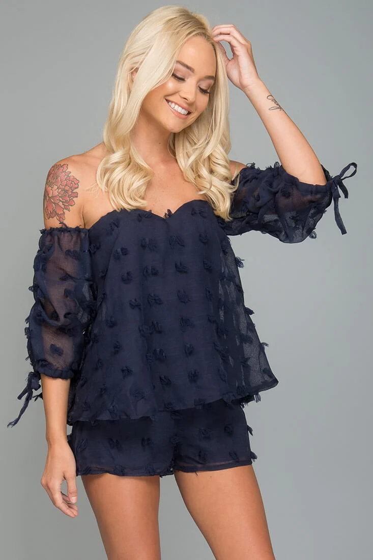 Stefani Heart Shaped Off the Shoulder Romper Navy - Sonourner