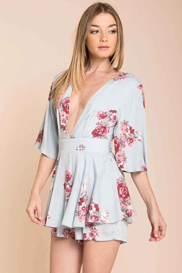 Rosalynn Bow Tie Floral Romper Blue - Sonourner
