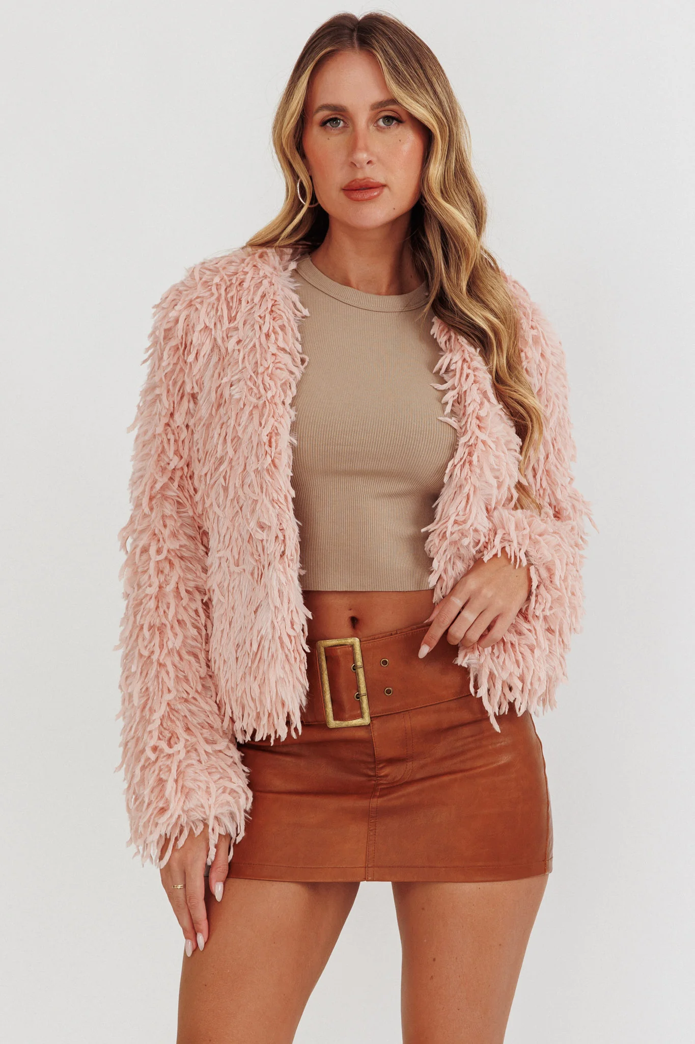 Montana Long Pile Faux Fur Jacket Blush - Sonourner