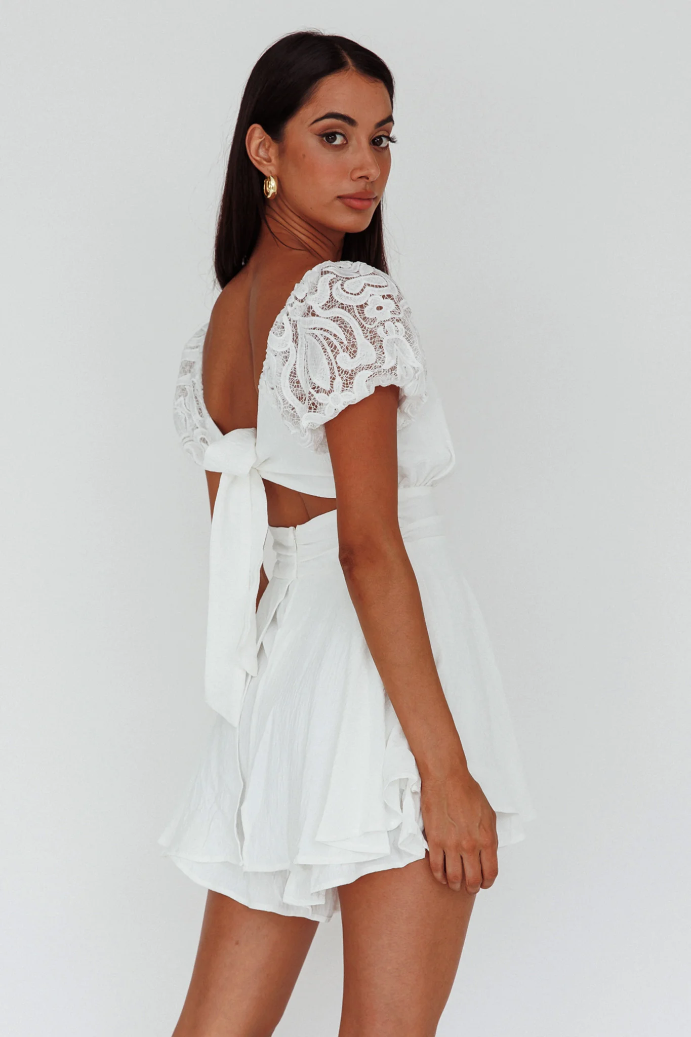 Lianah Lace Sleeve Tied Back Romper White - Sonourner
