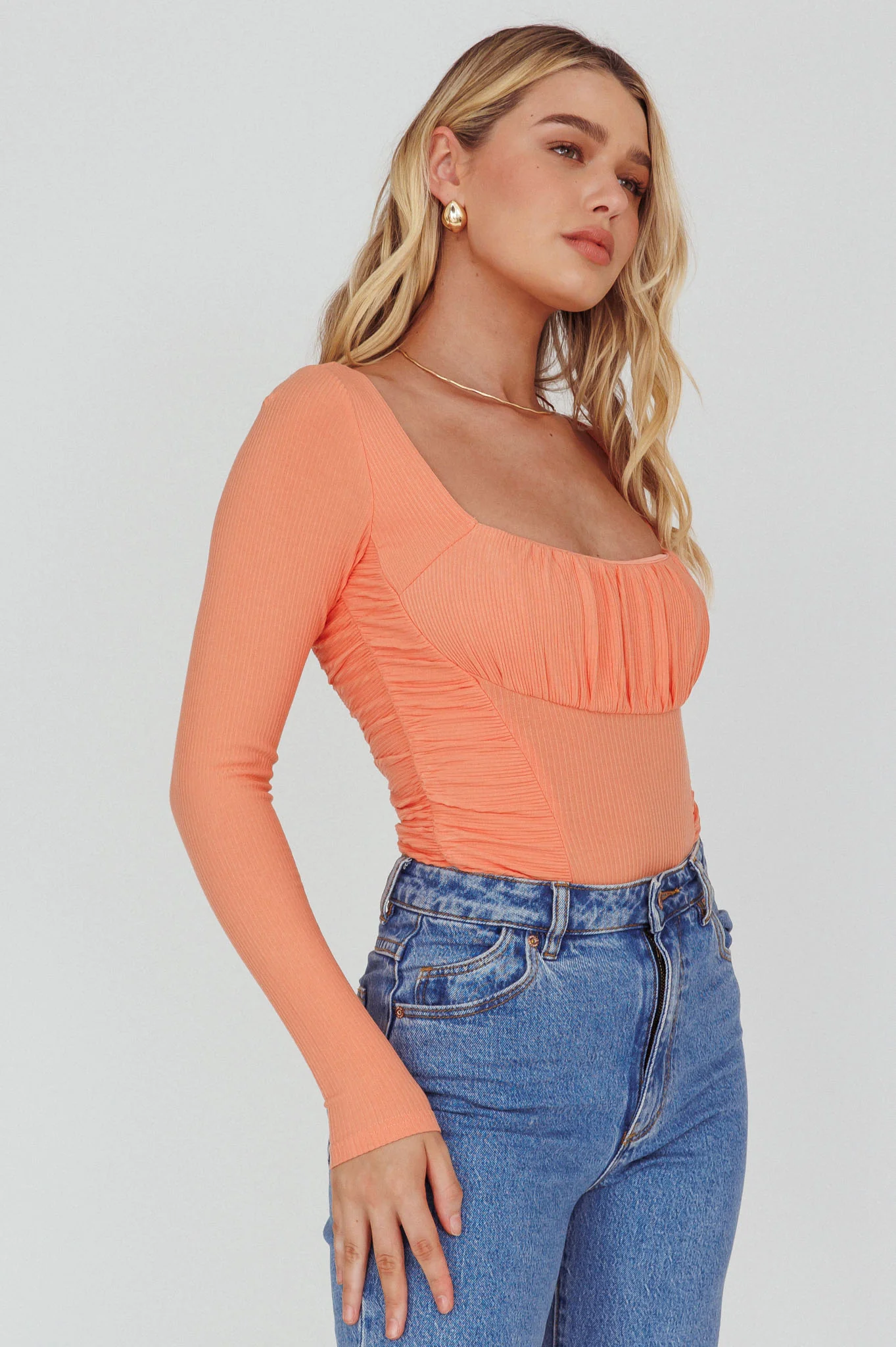 Bobbi Long Sleeve Ruched Side Ribbed Bodysuit Orange - Sonourner