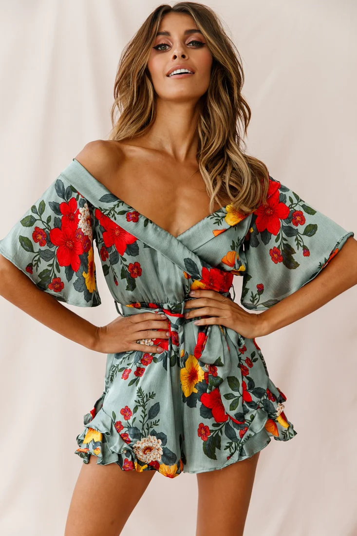 Ambrosia Off-Shoulder Floral Romper Sage - Sonourner