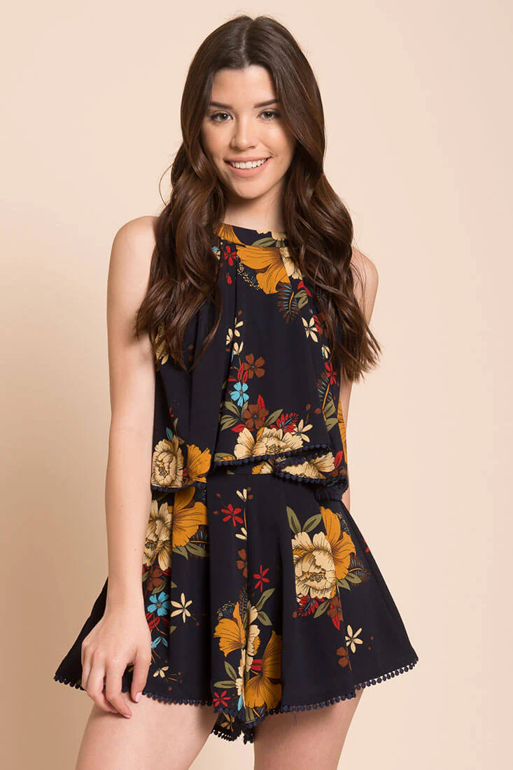 Alianna Floral Halter Romper Navy - Sonourner