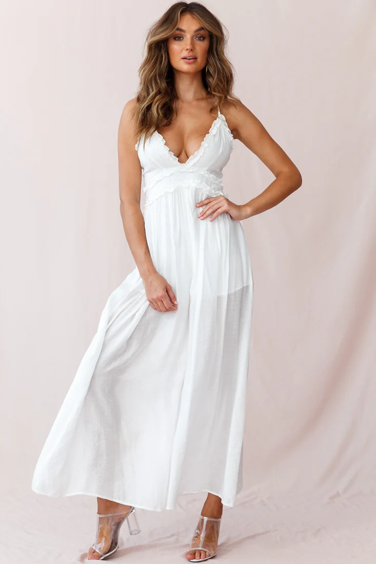 Laney Wide Leg Ruffle Detail Jumpsuit White - Sonourner