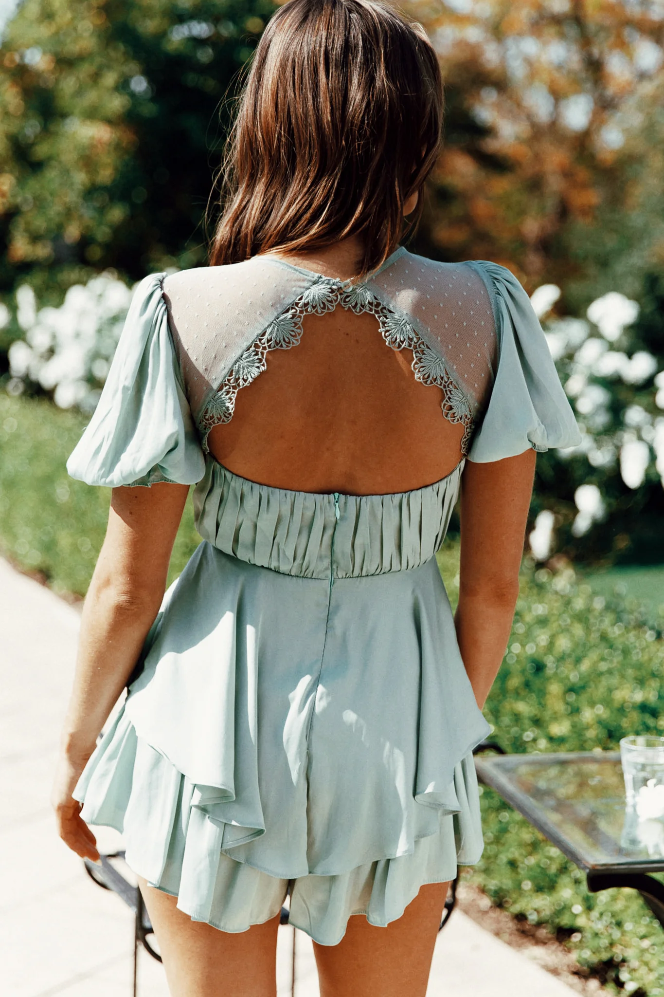 L'amour Lace Mesh Bust Puff Sleeve Romper Pistachio - Sonourner