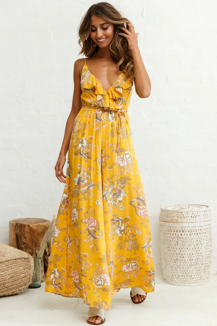 Melita Ruffle V-Neckline Jumpsuit Mustard Print - Sonourner